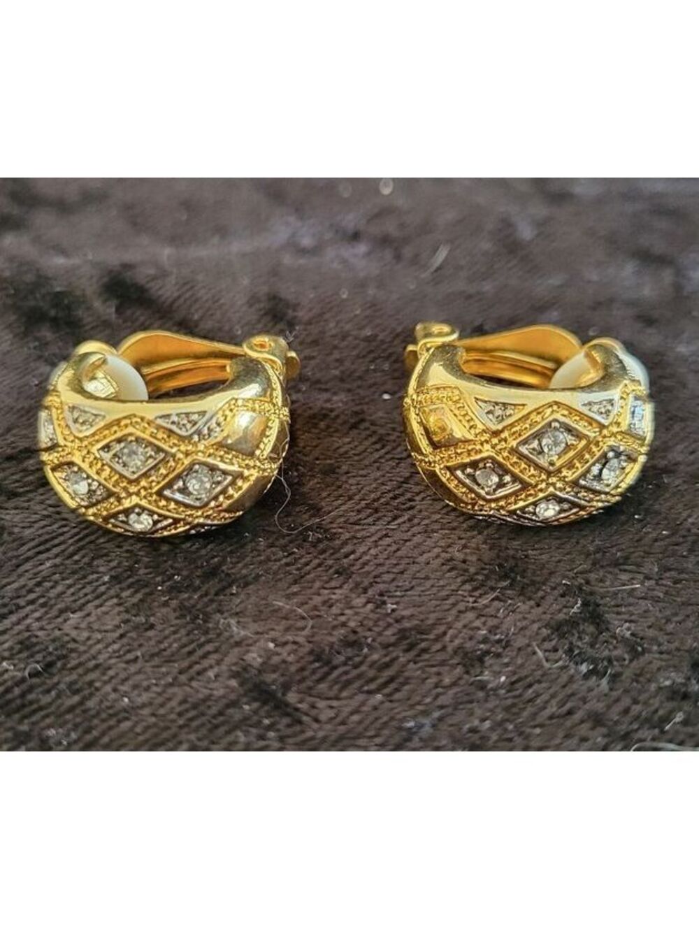 VTG Gold-tone Lattice Pave' Clip-on Hoop Earrings